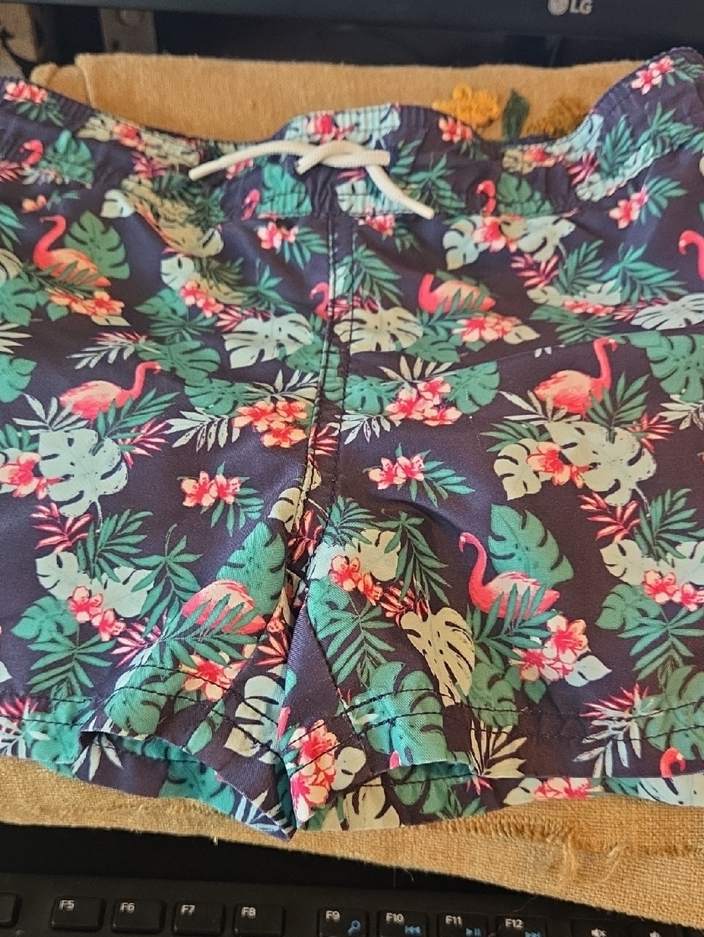 Janie and Jack Navy Swim Trunks with Teal, Pink & Green Tropical Print